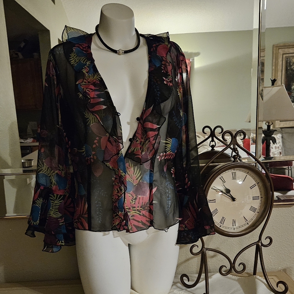 XOXO Black Floral Sheer Button Blouse 3/4 Ruffle Sleeve